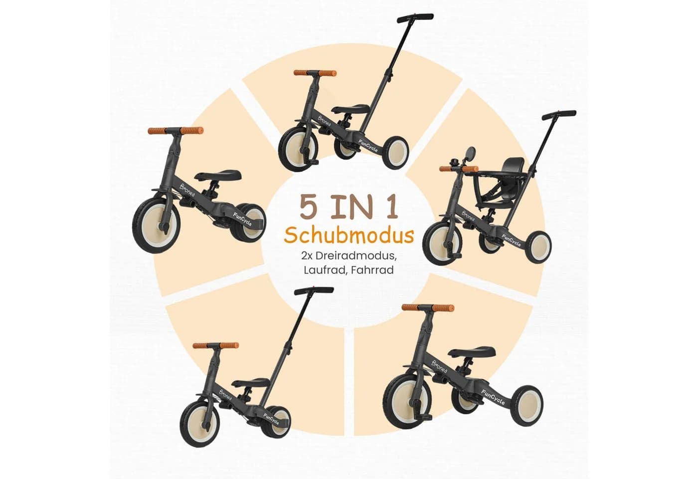 Bronea Dreirad FunCycle 5-in-1 Grau mit Schubstange