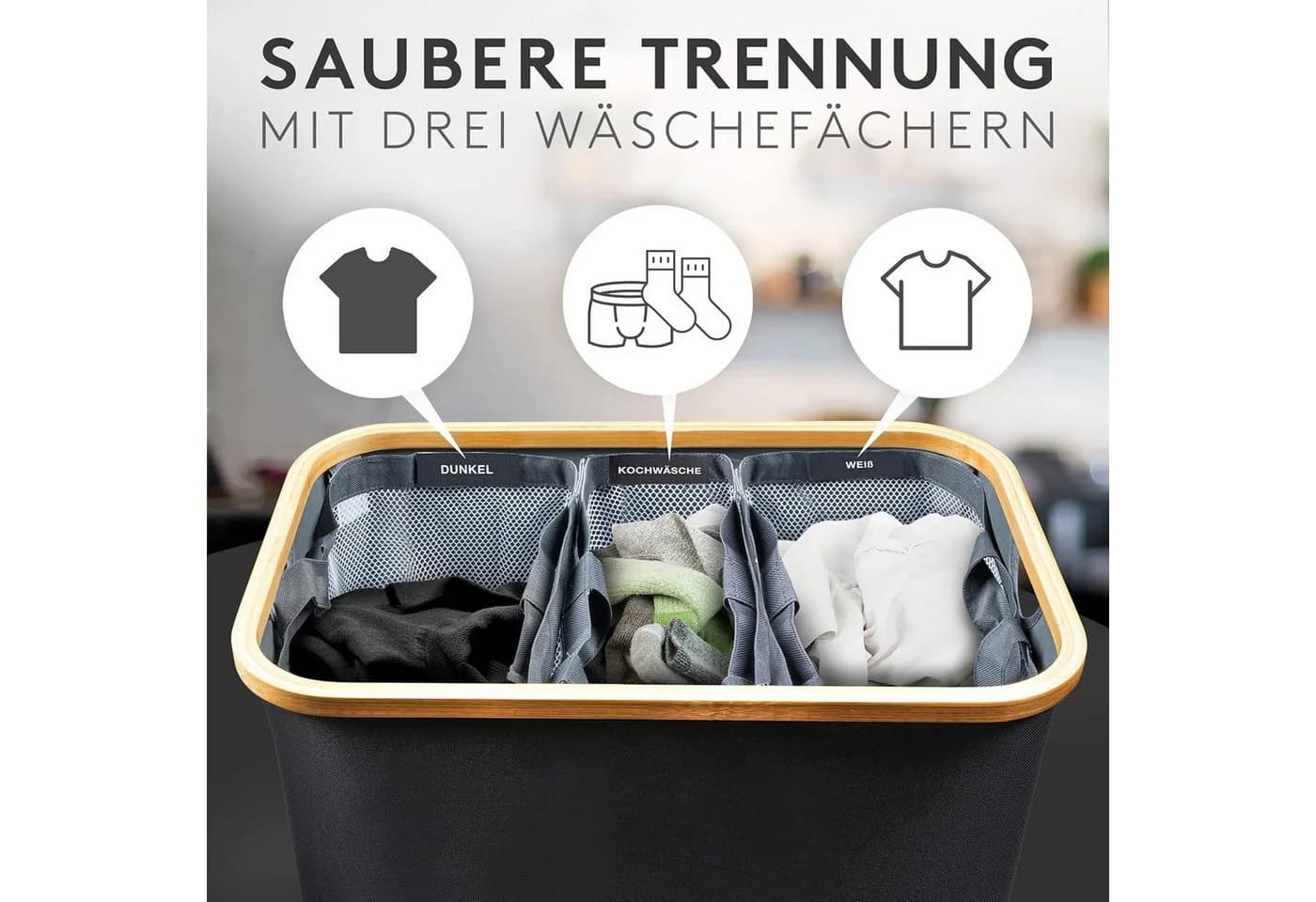 Falkenwerk Wäschekorb 3 Fächer Grau 145L XXL mit Deckel