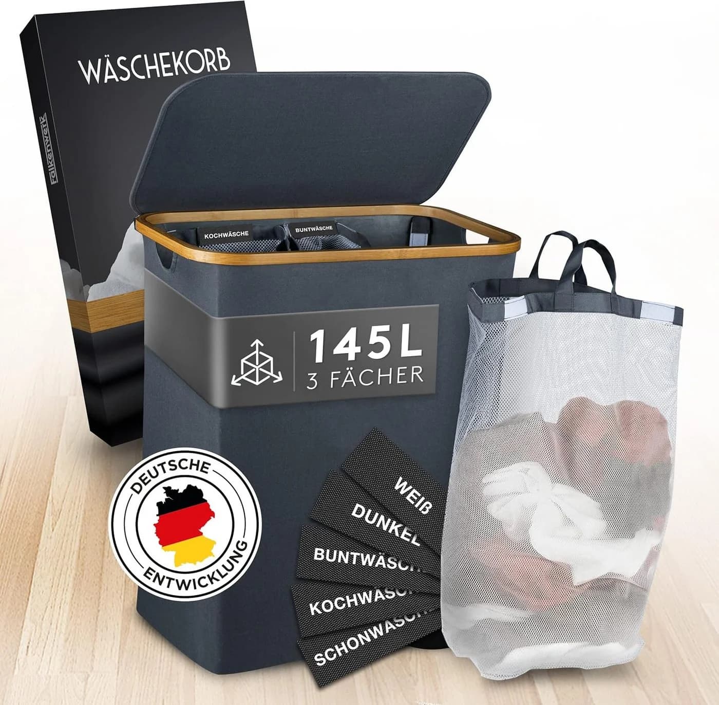 Falkenwerk Wäschekorb 3 Fächer Grau 145L XXL mit Deckel - Bild 2