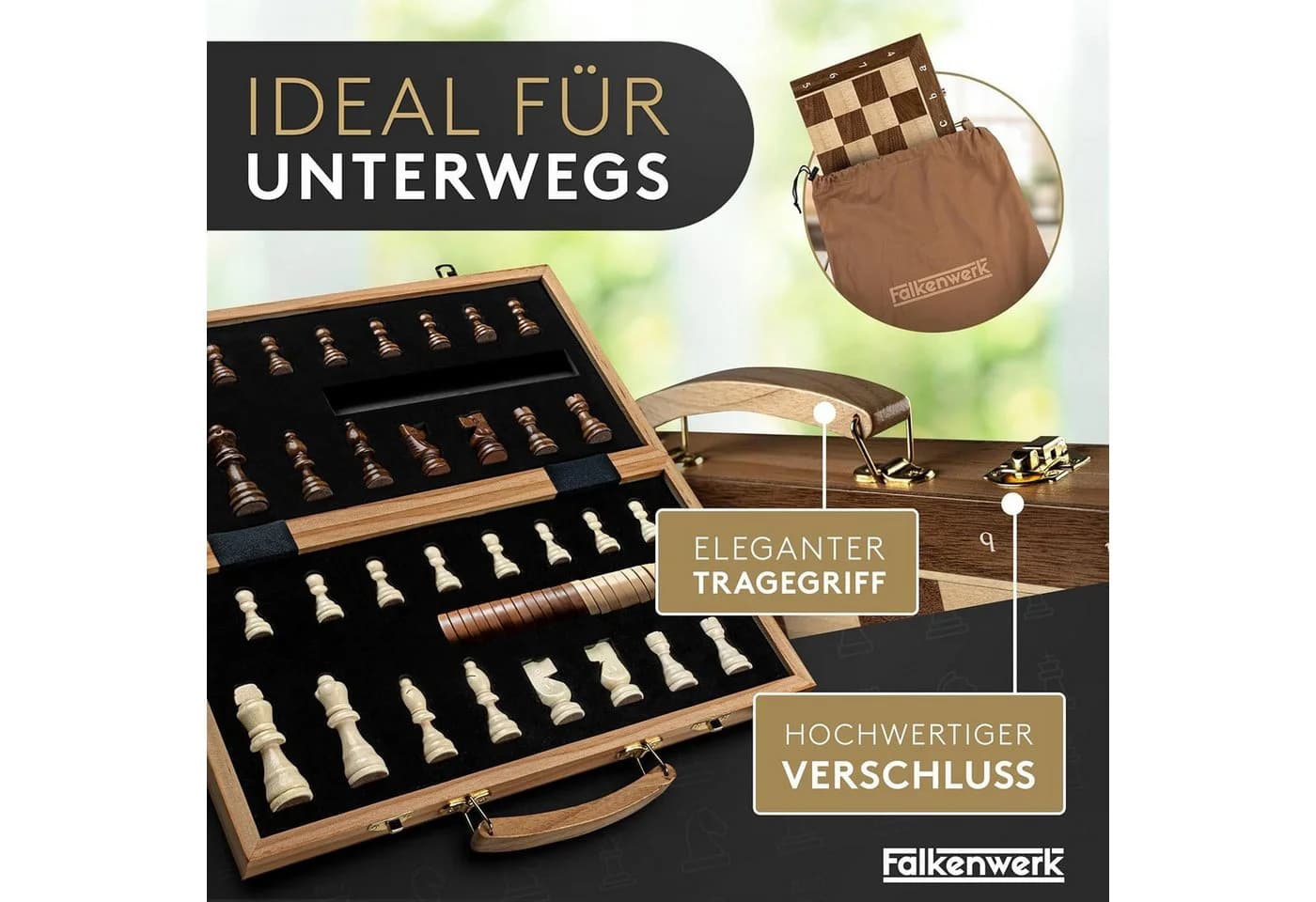 Falkenwerk Magnetisches Schachspiel Holz 38x38 cm mit Magnetfuß - Bild 5