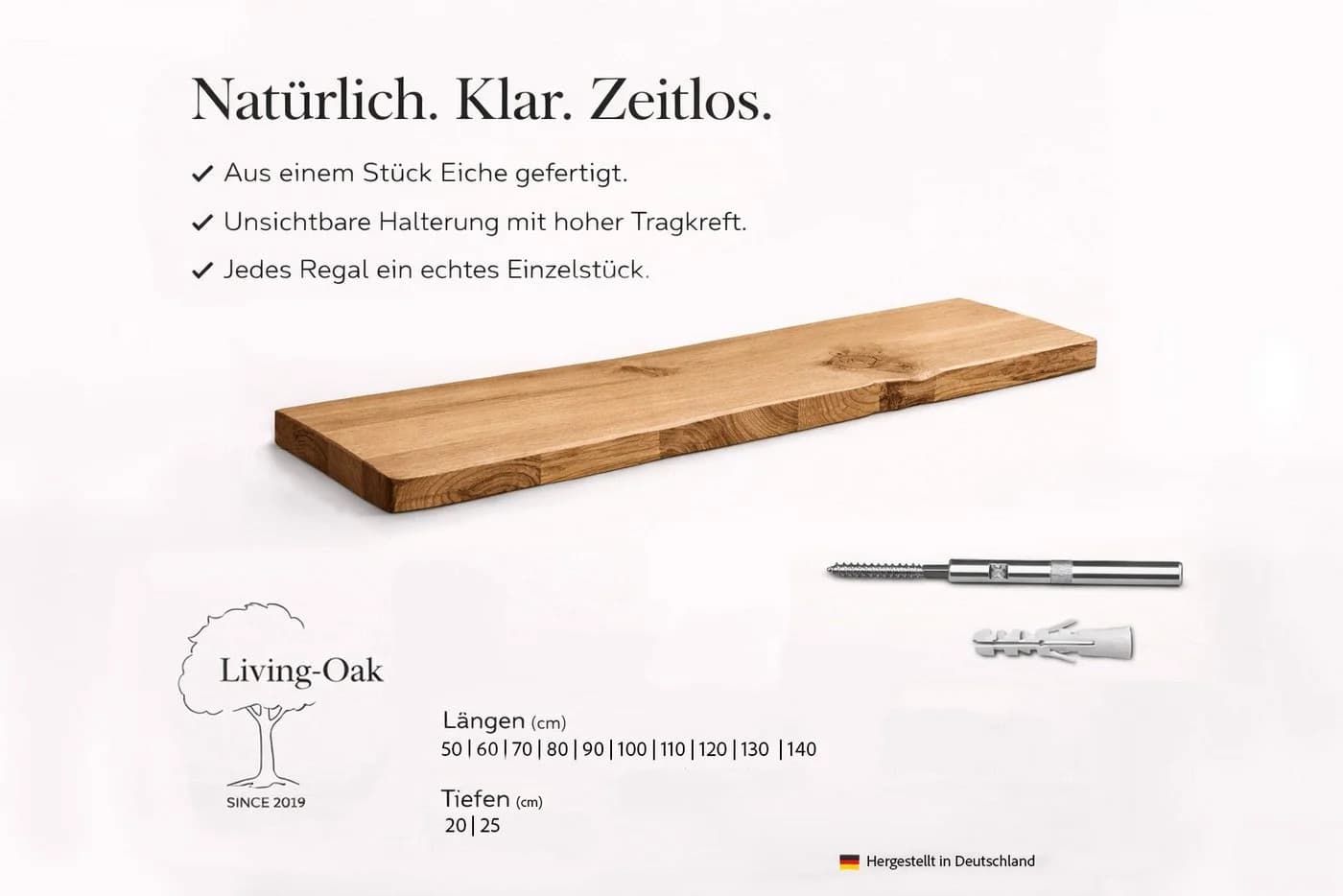 Living Oak Wandregal No. 03 - Schwebendes Eichenregal Rustikal - Bild 3