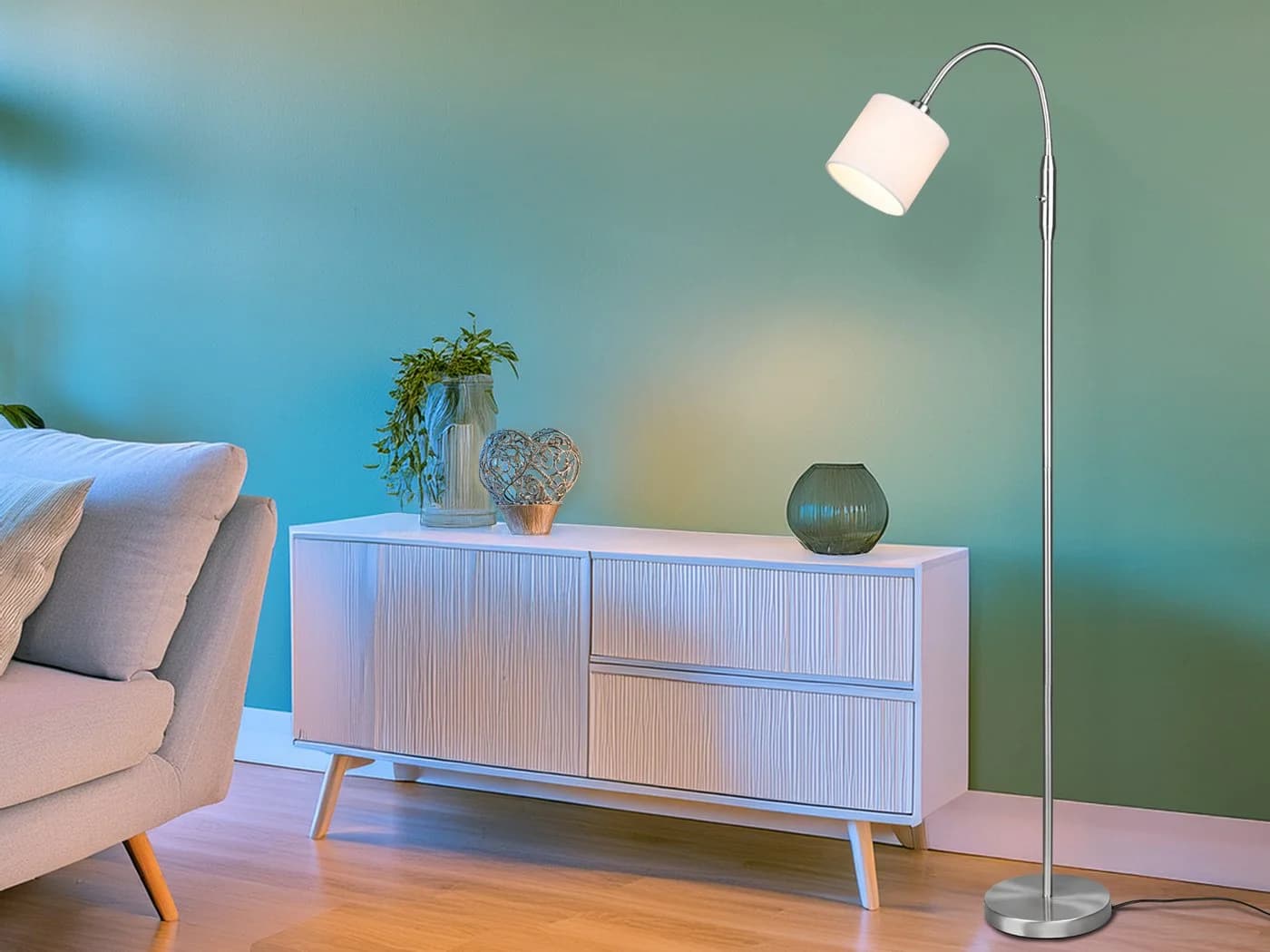 Reality Leuchten LED Stehlampe Flexarm Stoffschirm Silber Weiß Dimmbar