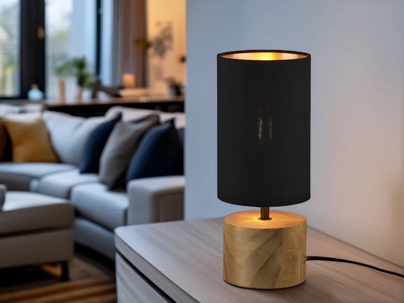 Reality Leuchten LED Nachttischlampe Dimmfunktion Warmweiß Holz Stoffschirm