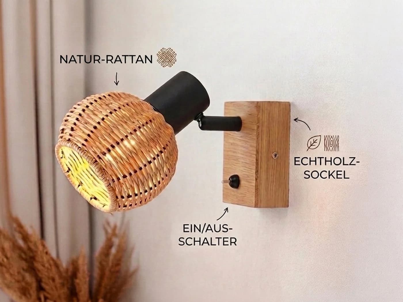 meineWunschleuchte Wandstrahler TAVAR mit Rattanschirm & Schalter - Bild 3