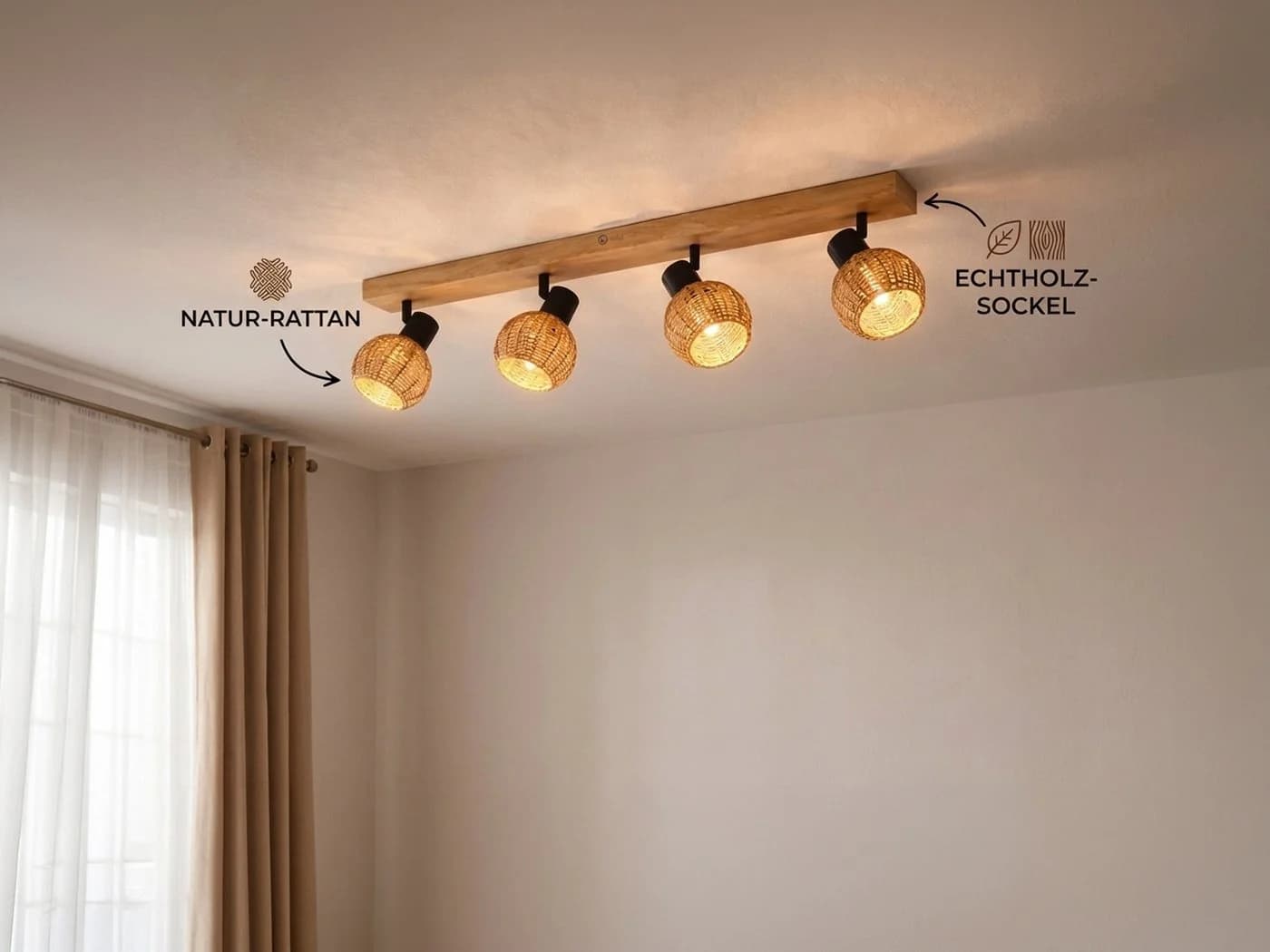 Skandinavische Deckenstrahler Rattan Holz 4-flammig - Bild 3