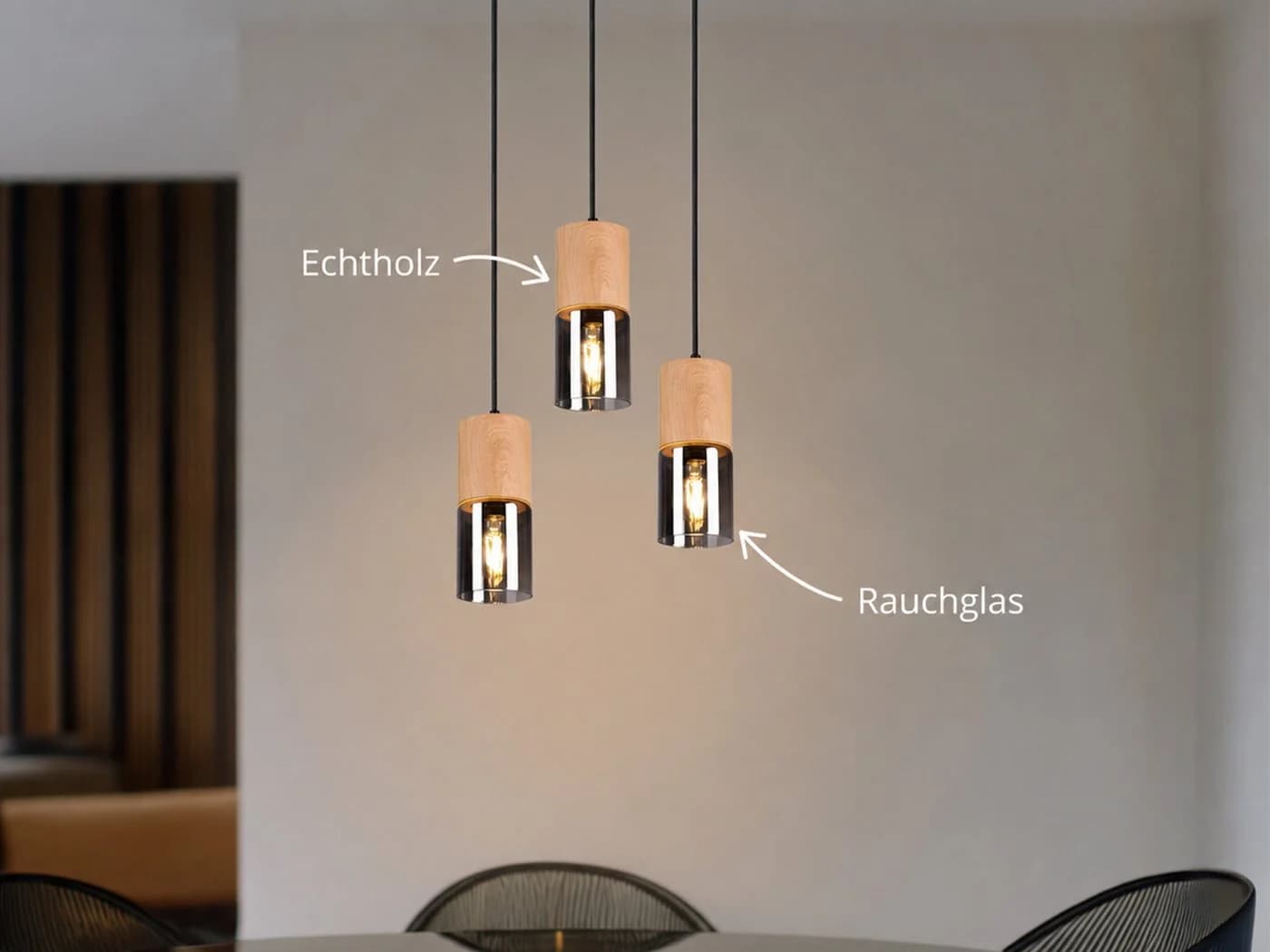 meineWunschleuchte Pendelleuchte 3-flammig Holz & Rauchglas Schwarz - Bild 3