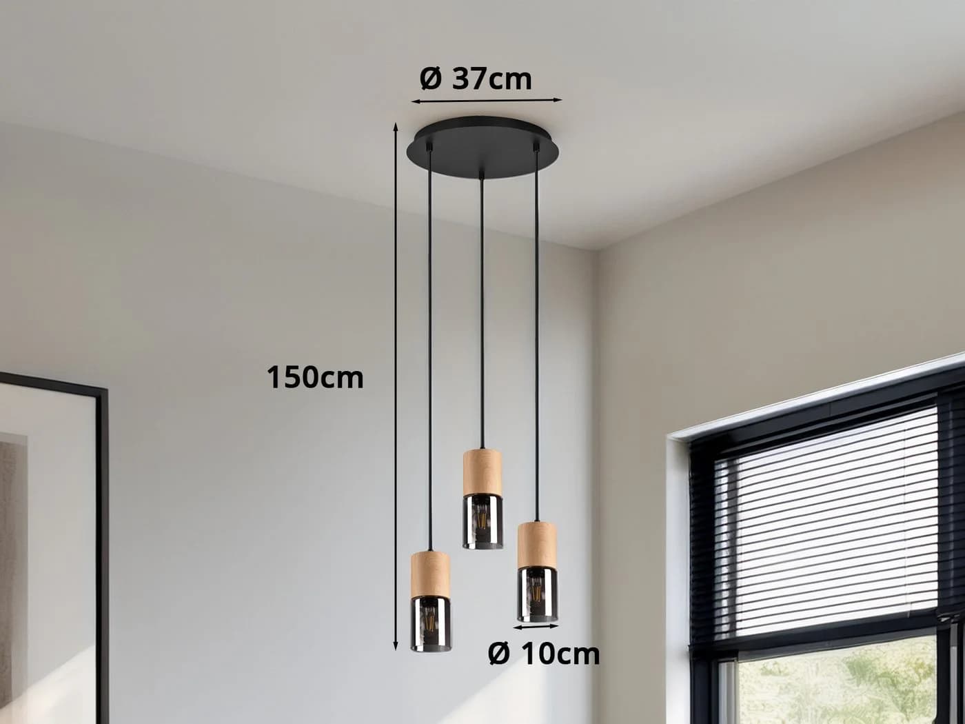 meineWunschleuchte Pendelleuchte 3-flammig Holz & Rauchglas Schwarz - Bild 4
