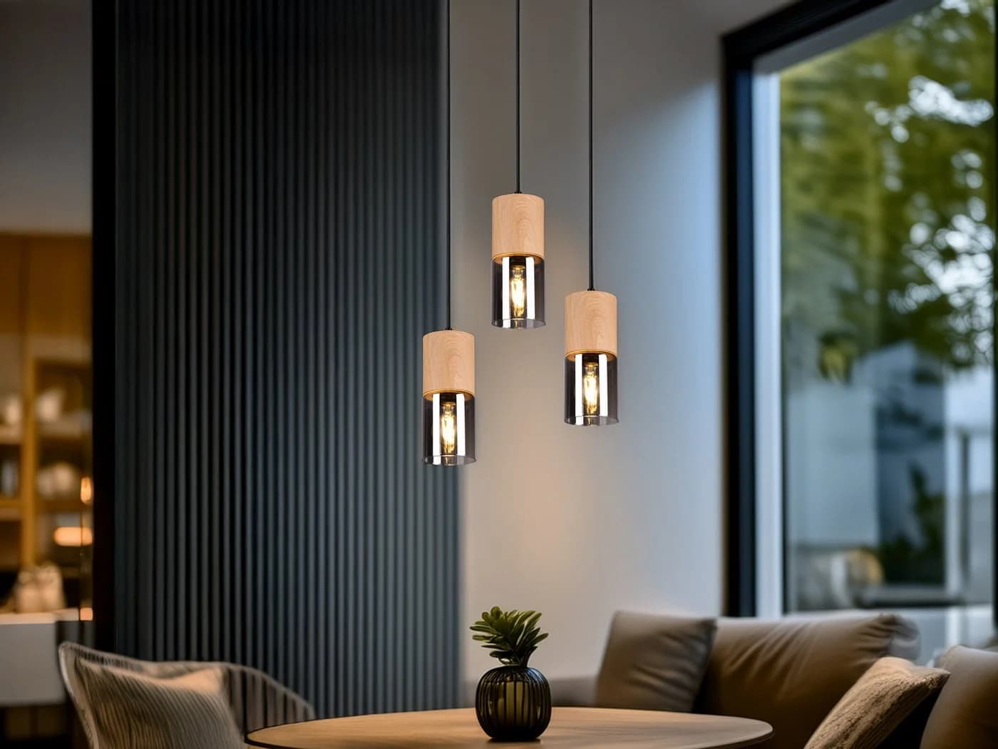meineWunschleuchte Pendelleuchte 3-flammig Holz & Rauchglas Schwarz - Bild 5