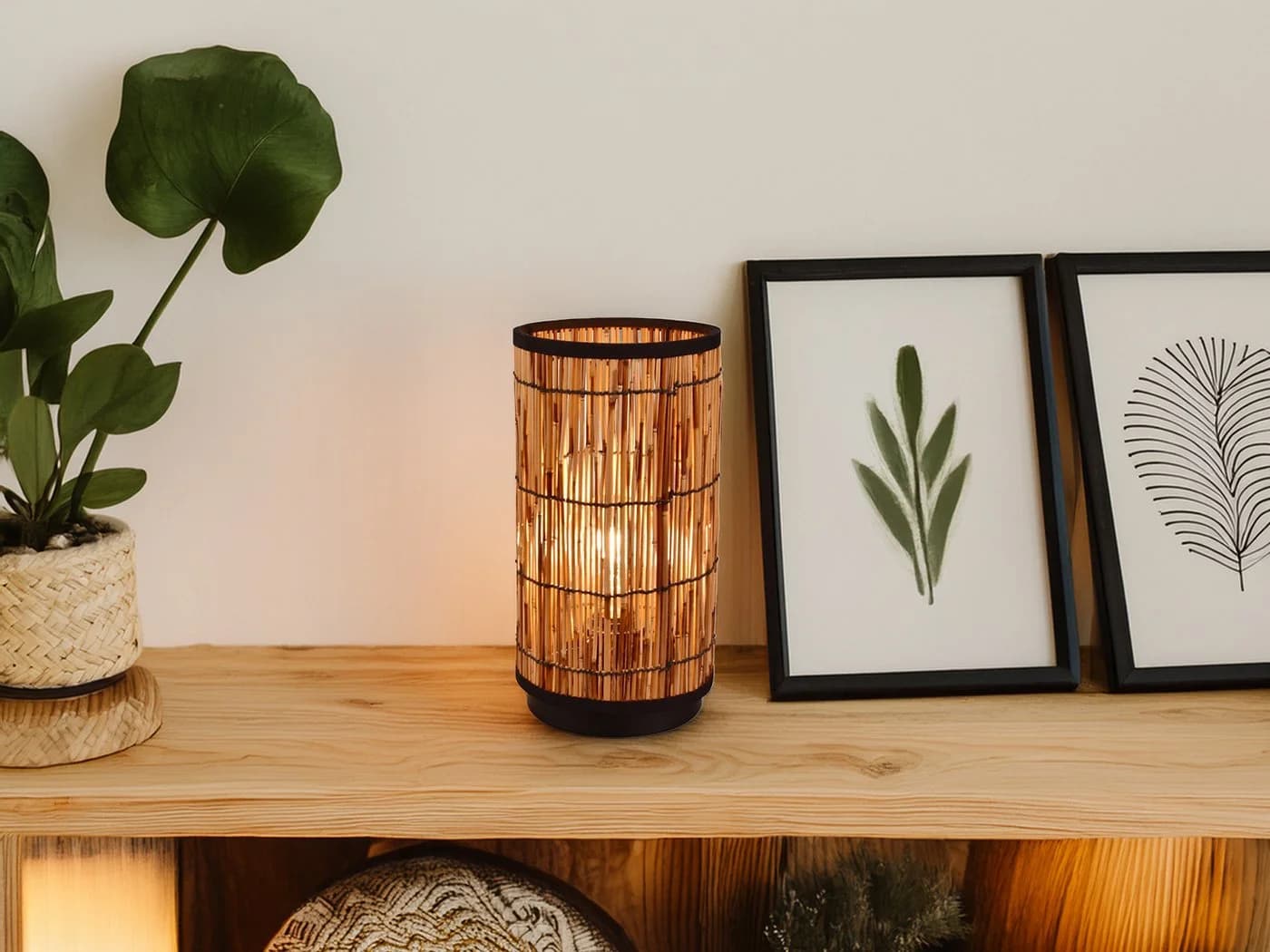 meineWunschleuchte Nachttischlampe, Rattan in Bambusoptik, 34,5 cm