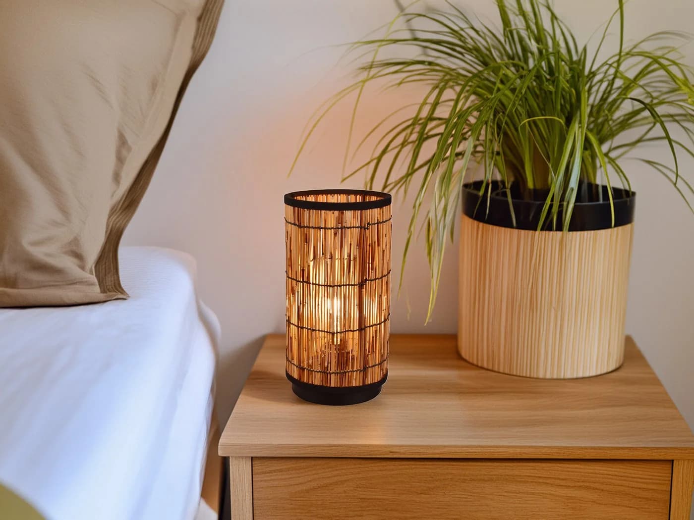 meineWunschleuchte Nachttischlampe, Rattan in Bambusoptik, 34,5 cm - Bild 5