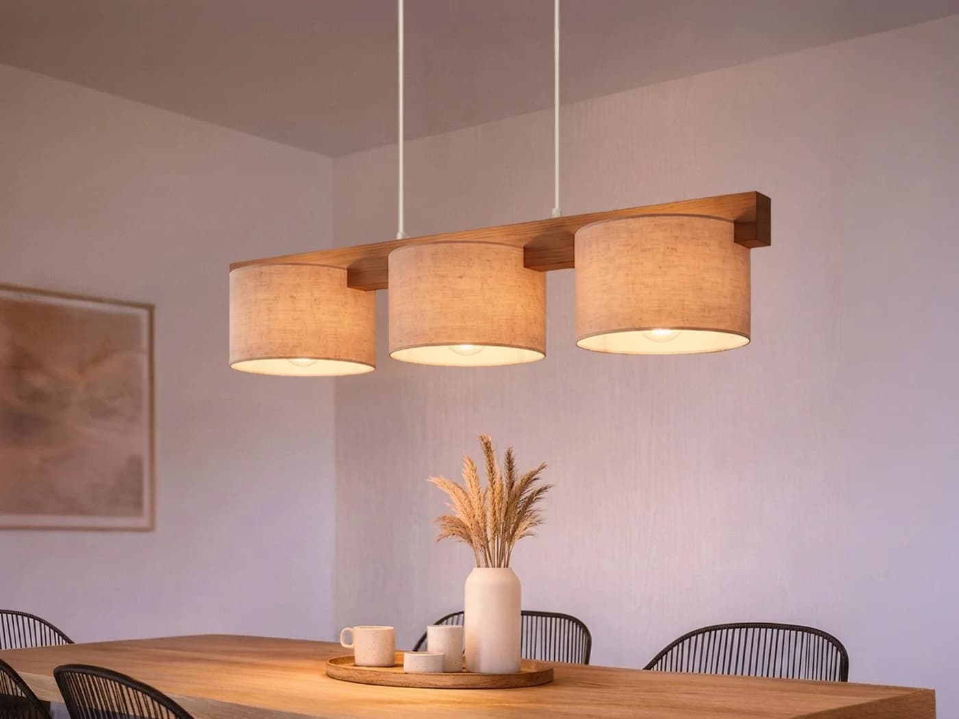 meineWunschleuchte Pendelleuchte 3-flammig Holz Stoff Beige