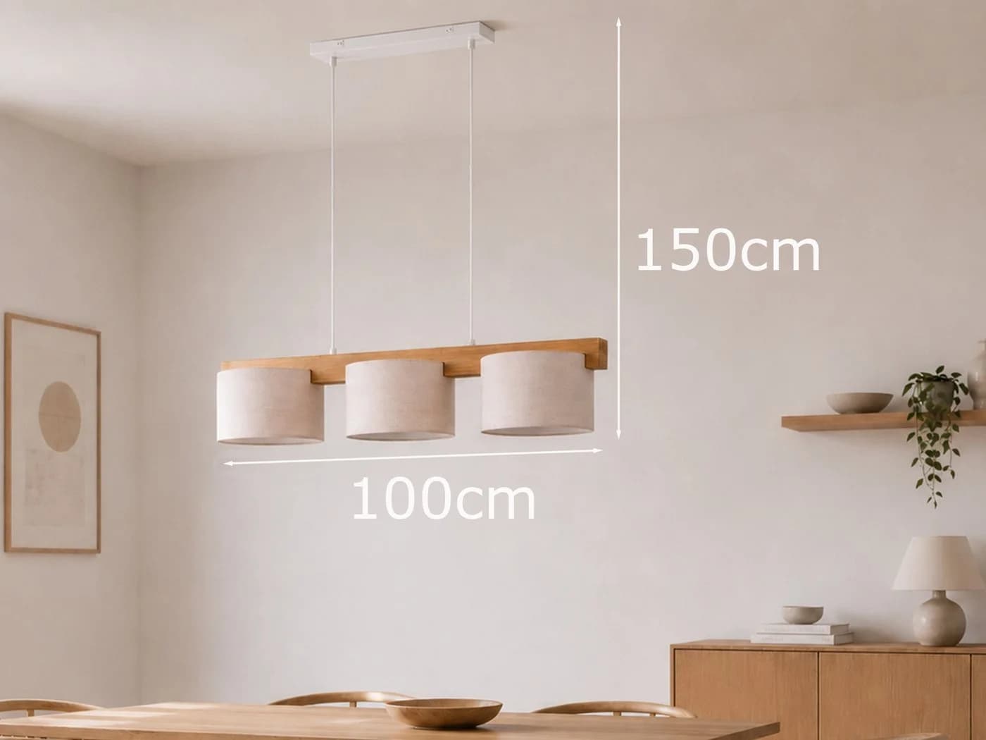 meineWunschleuchte Pendelleuchte 3-flammig Holz Stoff Beige - Bild 4