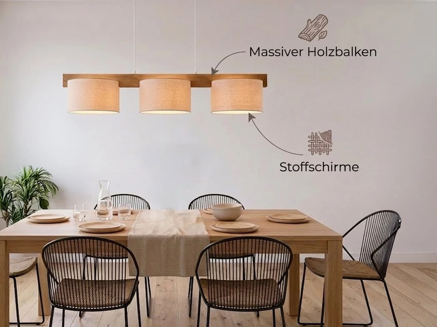 meineWunschleuchte Pendelleuchte 3-flammig Holz Stoff Beige - Bild 5