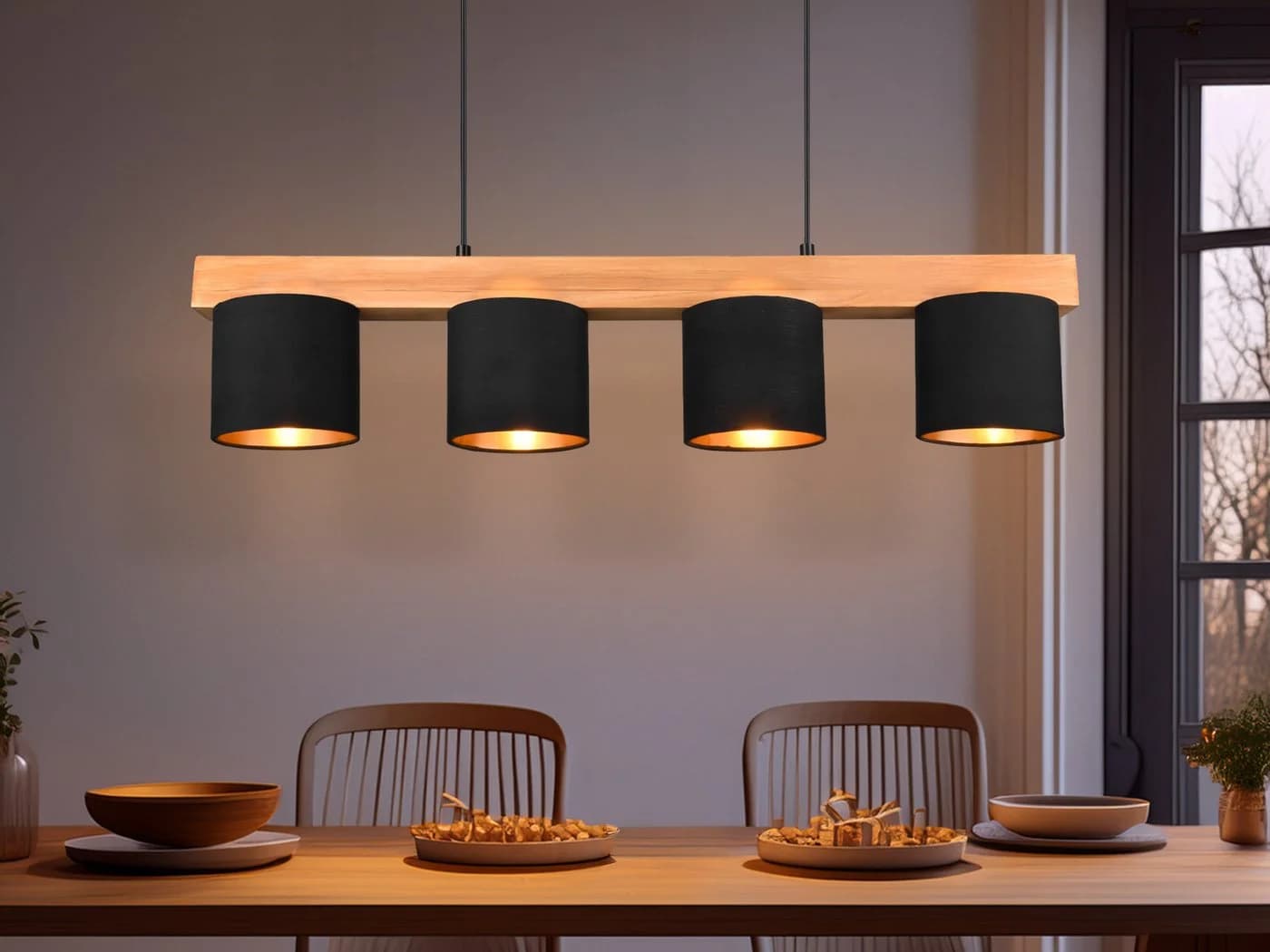 Reality Leuchten LED Pendelleuchte Holz-Balken Schwarz/Gold Dimmbar