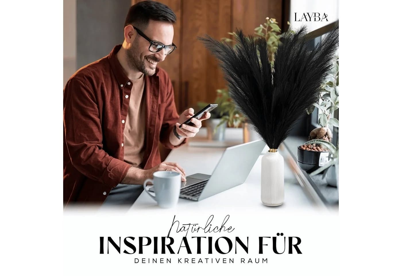 Layba Kunstpflanze Pampasgras Schwarz 3 Stiele - Bild 4