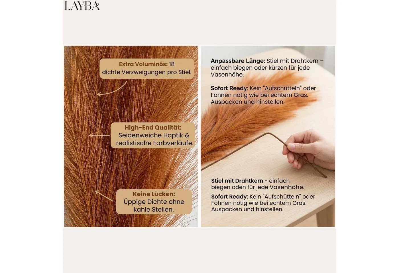 Layba Pampasgras Deko 3 Stiele Terracotta Seide - Bild 5