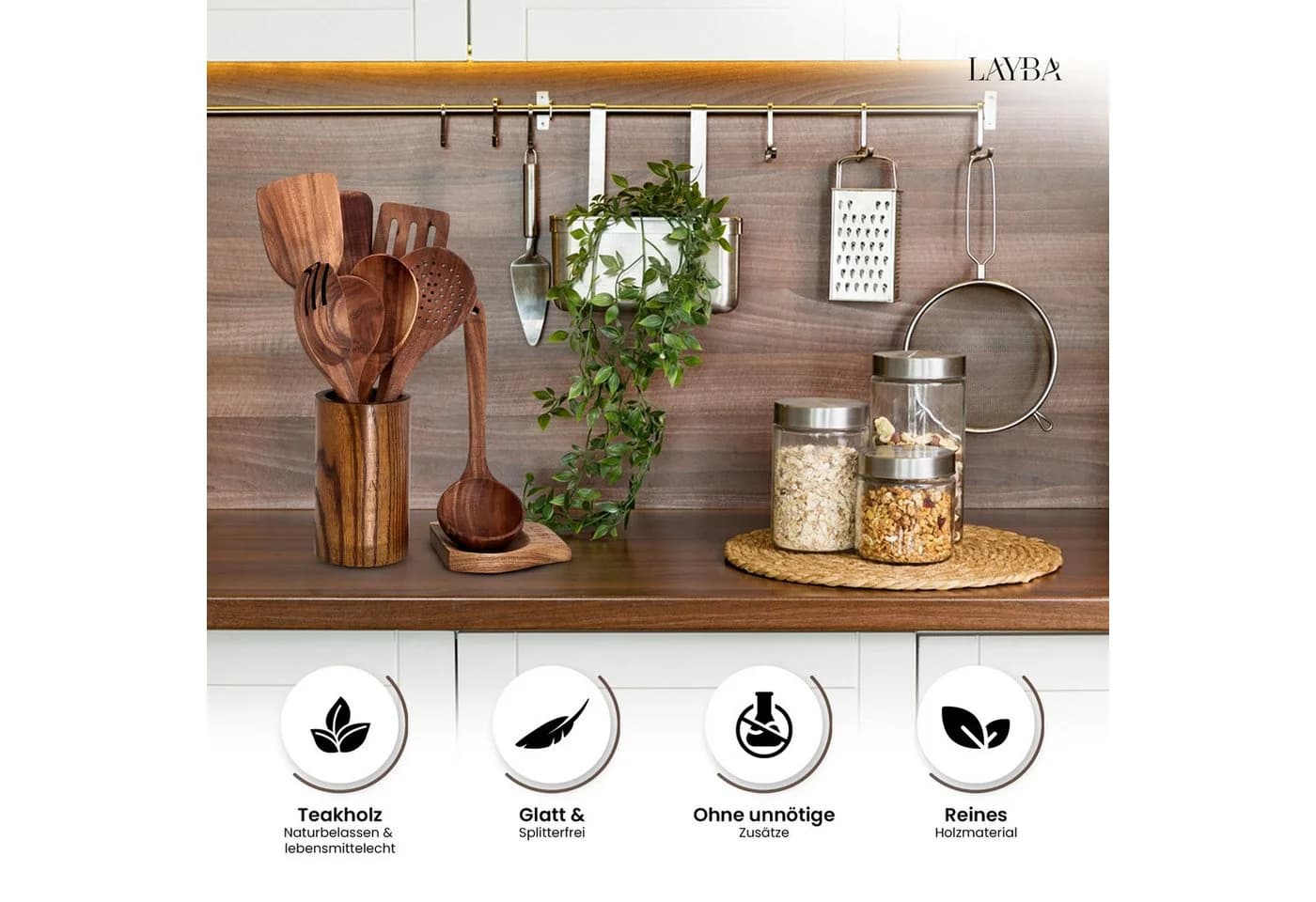 LAYBA Kochbesteck-Set Teakholz Küchenutensilien Set - Bild 4