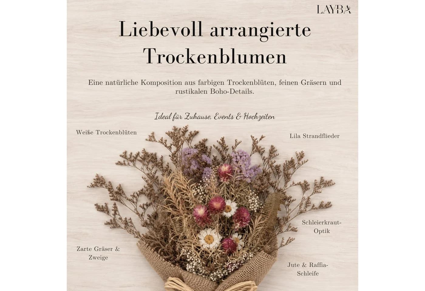 LAYBA Trockenblumenstrauß Natur-Beige-Bordeaux mit Jute - Bild 3