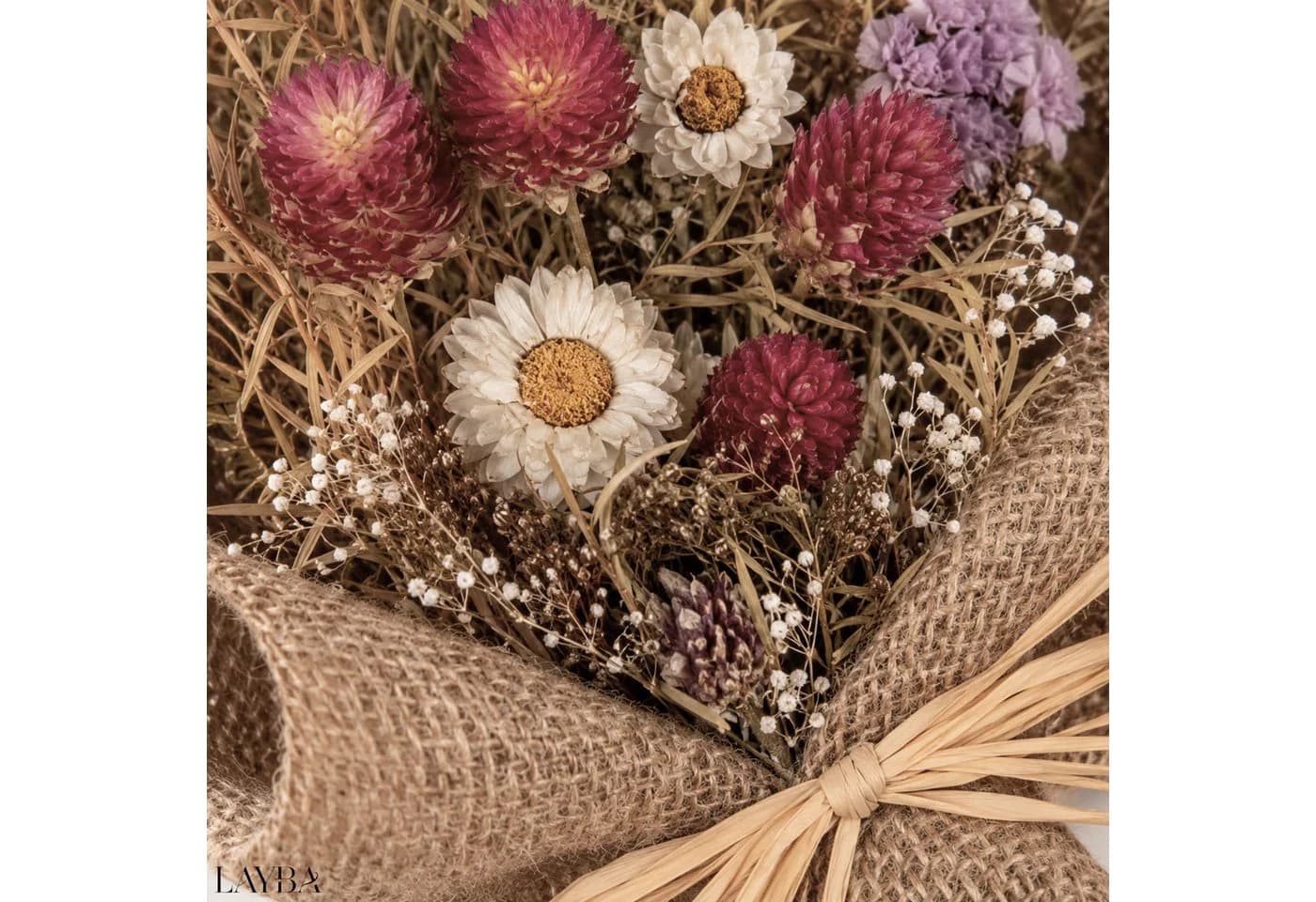 LAYBA Trockenblumenstrauß Natur-Beige-Bordeaux mit Jute - Bild 4