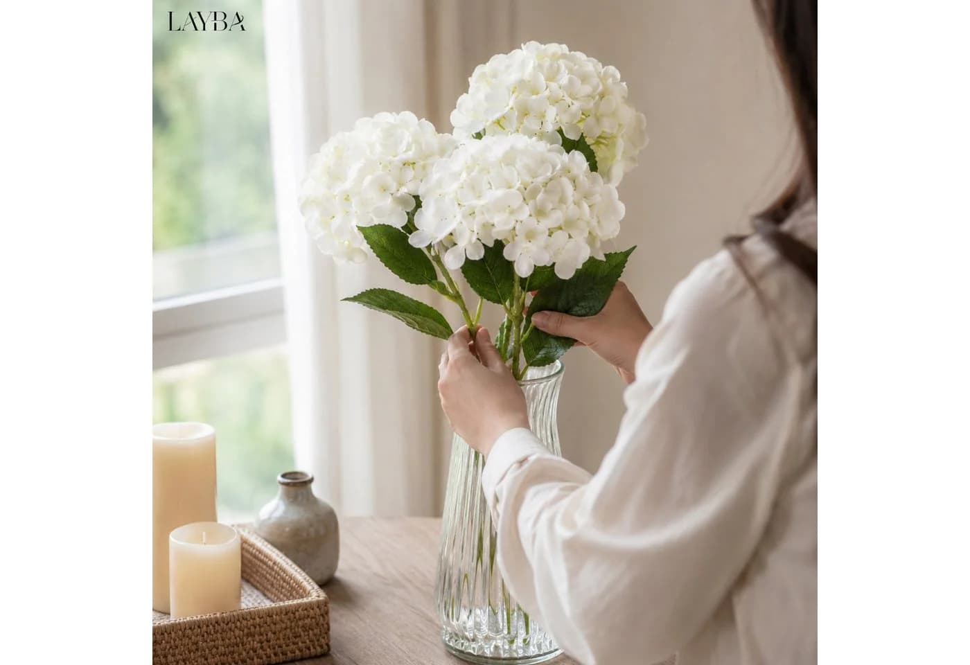 LAYBA Künstliche Hortensie 3er-Set Weiß 40 cm
