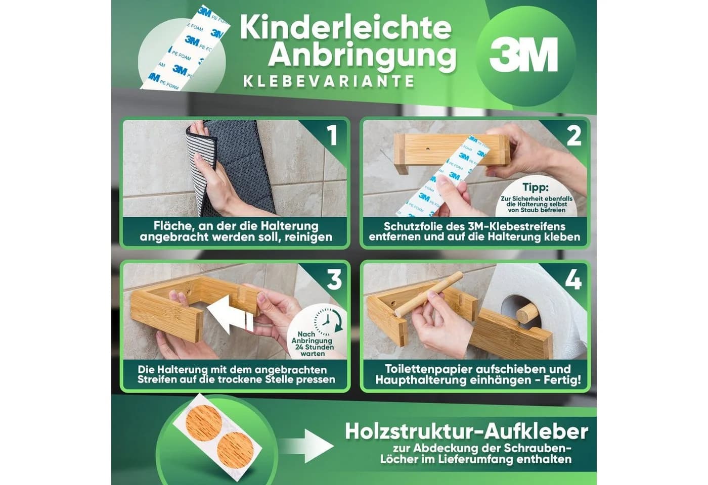 Loco Bird Toilettenpapierhalter Bambus Selbstklebend Ohne Bohren - Bild 4