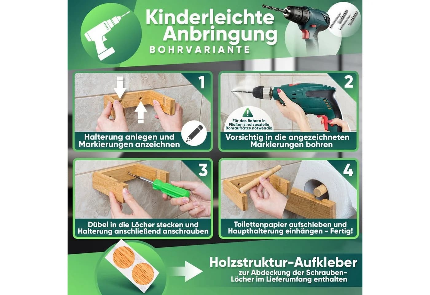 Loco Bird Toilettenpapierhalter Bambus Selbstklebend Ohne Bohren - Bild 5