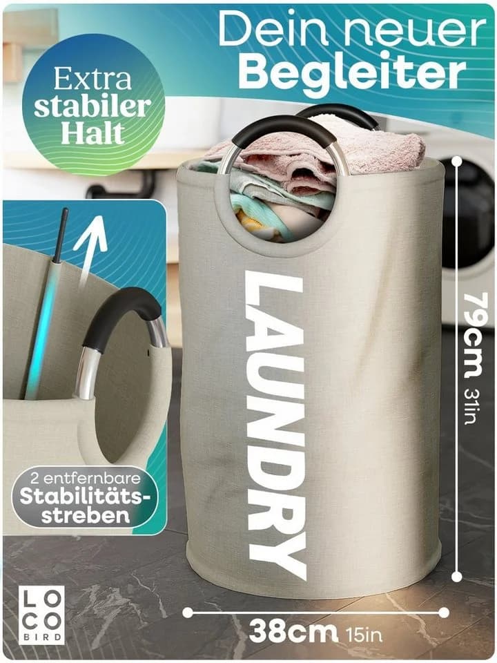 Loco Bird Wäschekorb Faltbar 95L Beige mit Griff