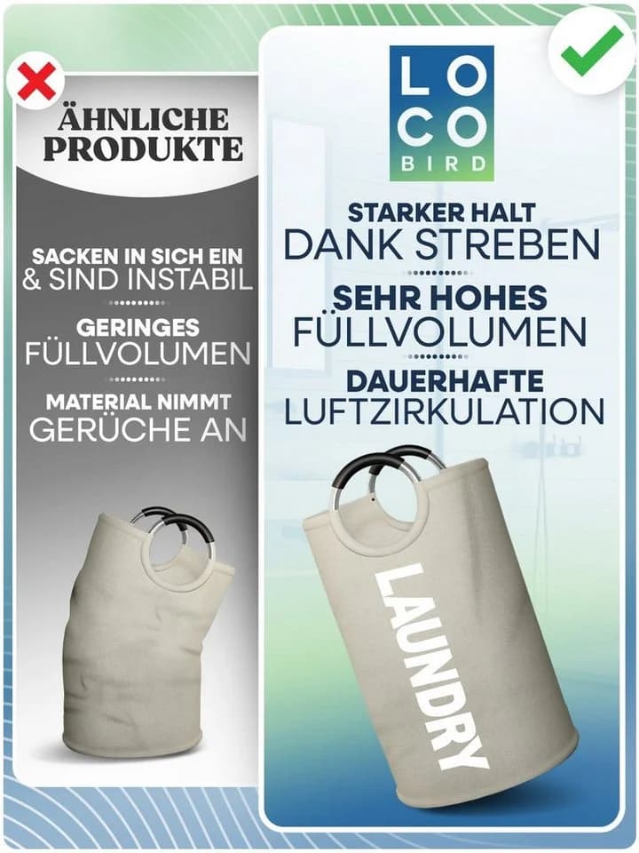 Loco Bird Wäschekorb Faltbar 95L Beige mit Griff - Bild 3