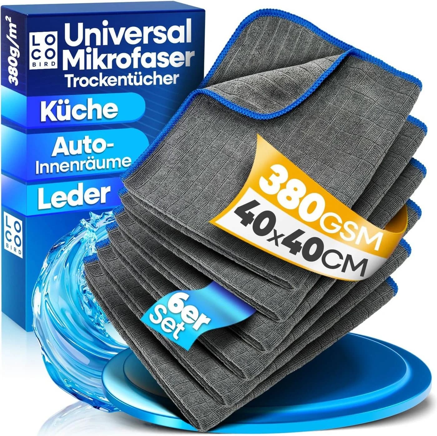 Loco Bird Microfasertücher 6-tlg. 380GSM Grau Schwarz fusselfrei - Bild 2