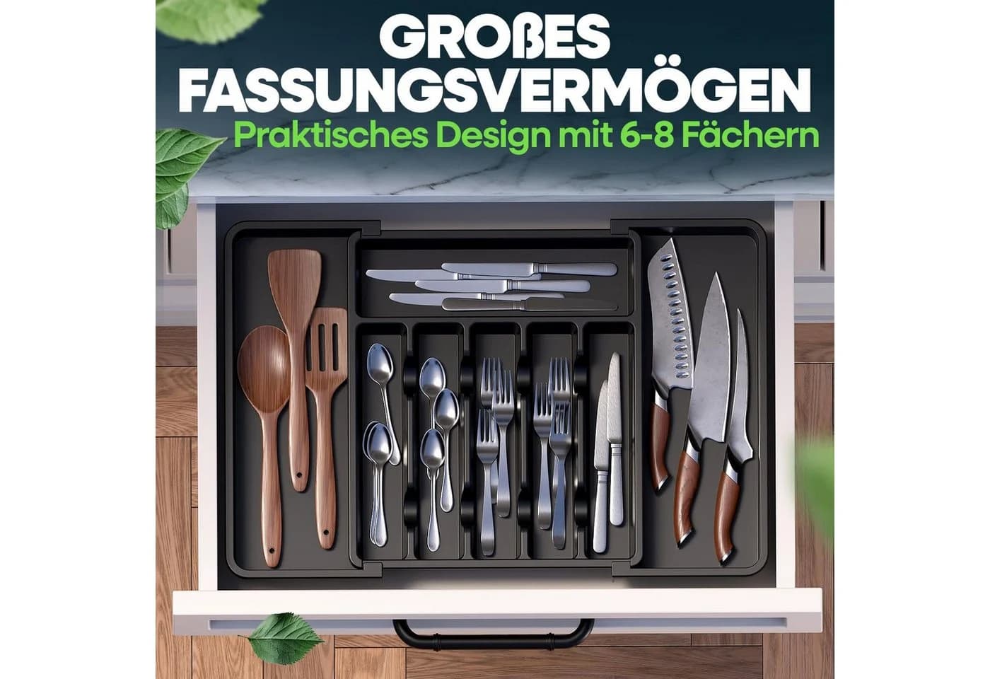 Loco Bird Besteckkasten für Schubladen aus Kunststoff - Ausziehbar bis 9 Fächer - Bild 4