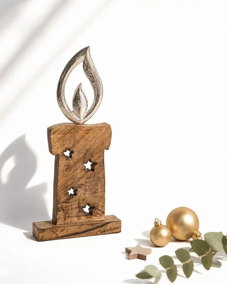 Wurm Weihnachtsfigur Dekofigur Kerze aus Holz und Metall Braun Silber