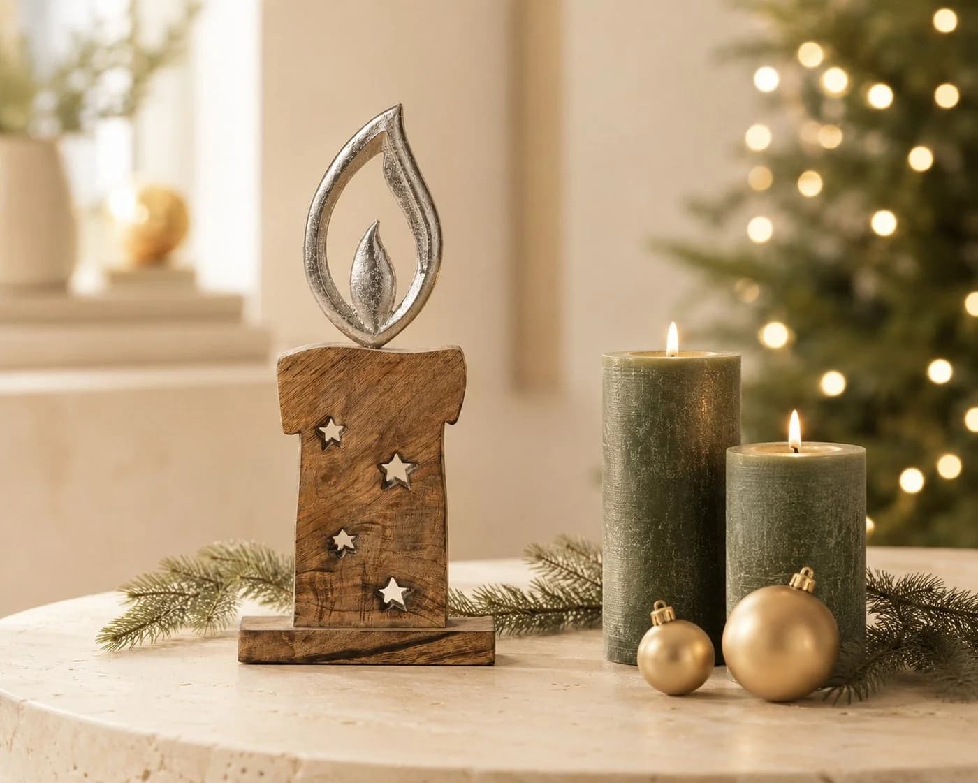 Wurm Weihnachtsfigur Dekofigur Kerze aus Holz und Metall Braun Silber - Bild 5