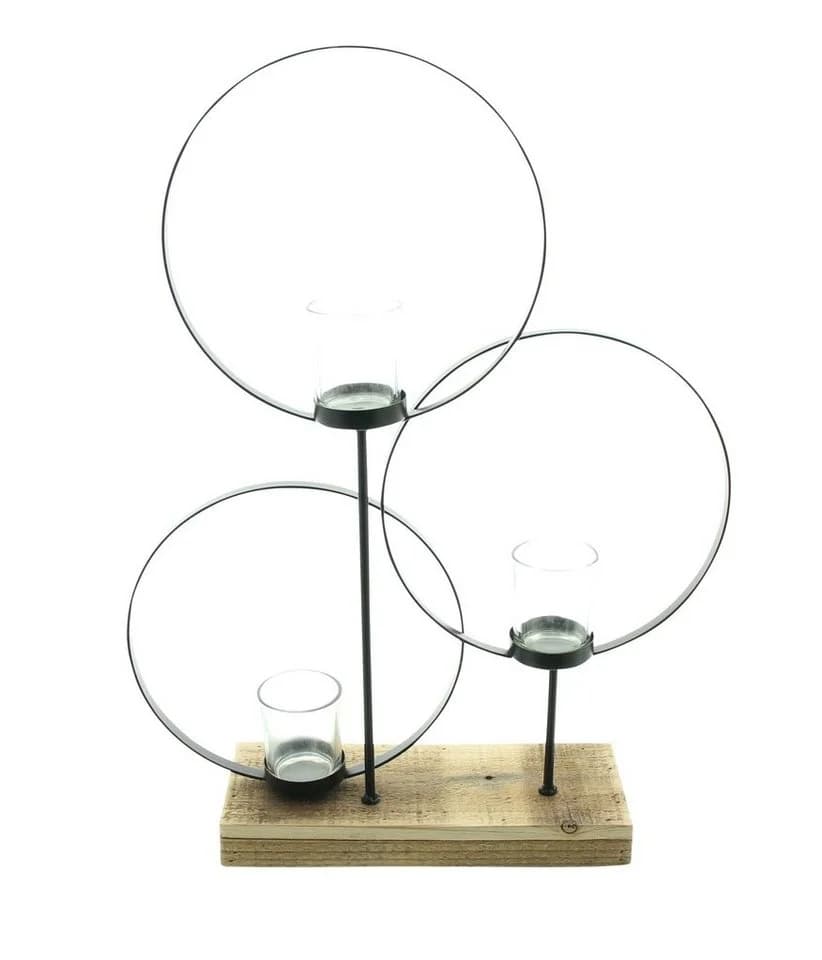 Dekoleidenschaft Windlicht Ringe Metall Schwarz Holzsockel - Bild 3