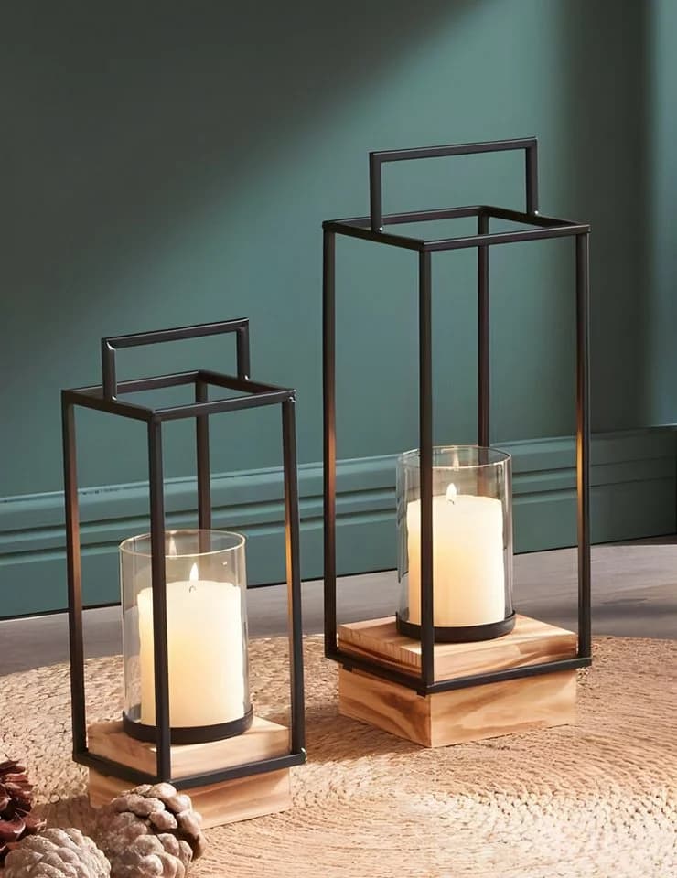 Dekoleidenschaft Kerzenlaterne Modern Industrial 2er Set Metall Glas Holz