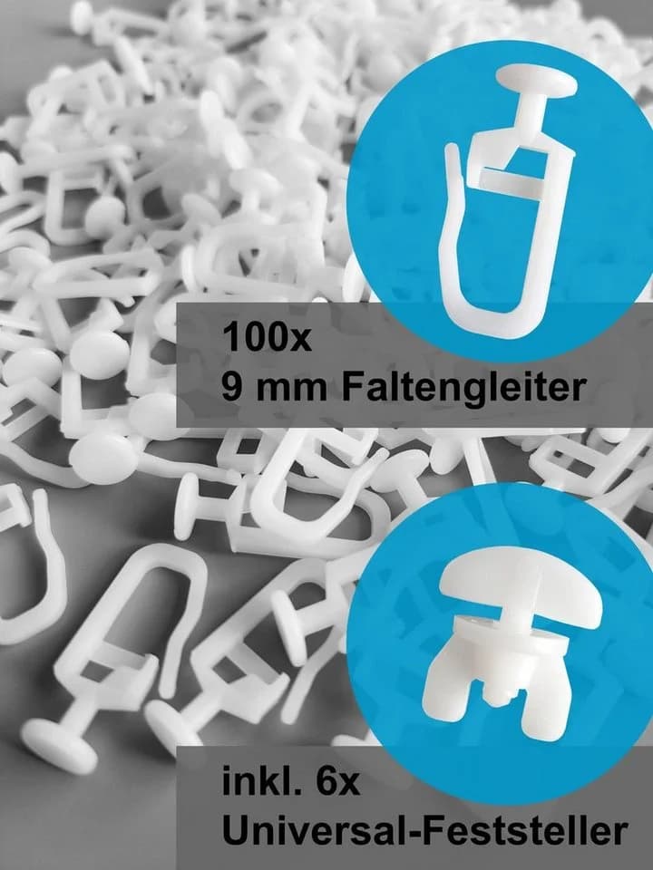 dekondo Gardinengleiter Faltengleiter 9mm Kopf Komplettset mit Feststeller