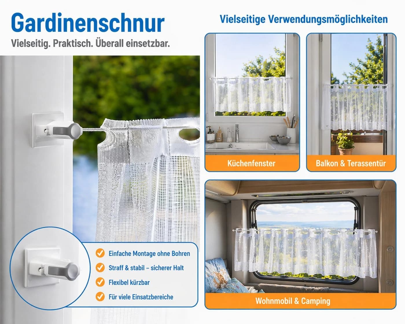 dekohaken24.de Seilspanngarnitur Gardinendraht mit Klebehalterungen - Bild 4