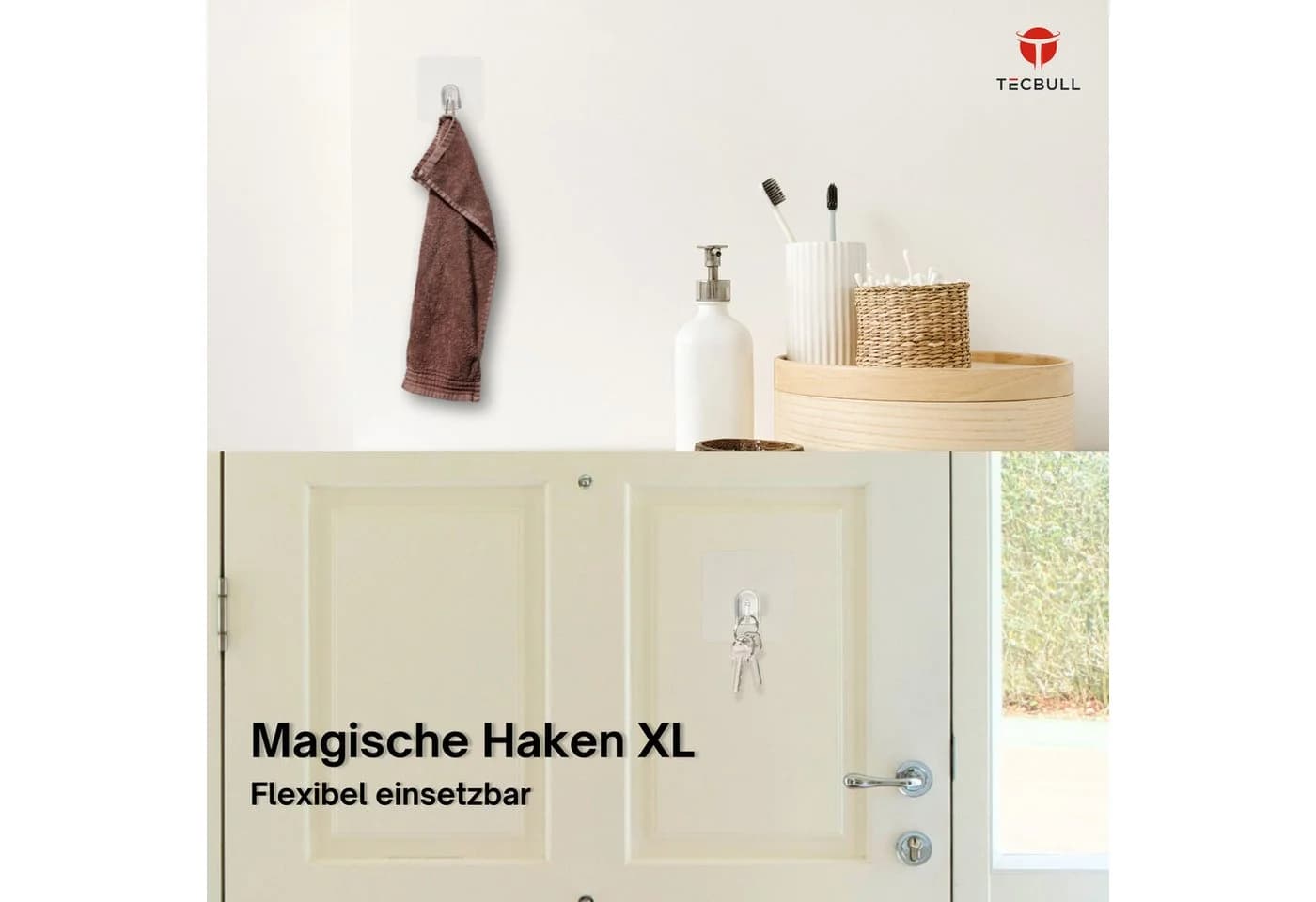 TECBULL Klebehaken Wiederverwendbare Haken XL, transparent, rückstandsfrei ablösbar, Geschirrtuchhalter, Handtuchhalter, Spültuchhalter, Tuchhalter, Waschlappen Halter, Fensterhaken, Fliesenhaken, Küchenhaken, (16-St), rückstandsfrei ablösbar wiederverwendbar beinahe unsichtbar bis 3KG - Bild 4