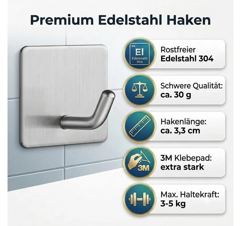 TECBULL Handtuchhaken Klebehaken Edelstahl 304 V2A Selbstklebend 5er Set