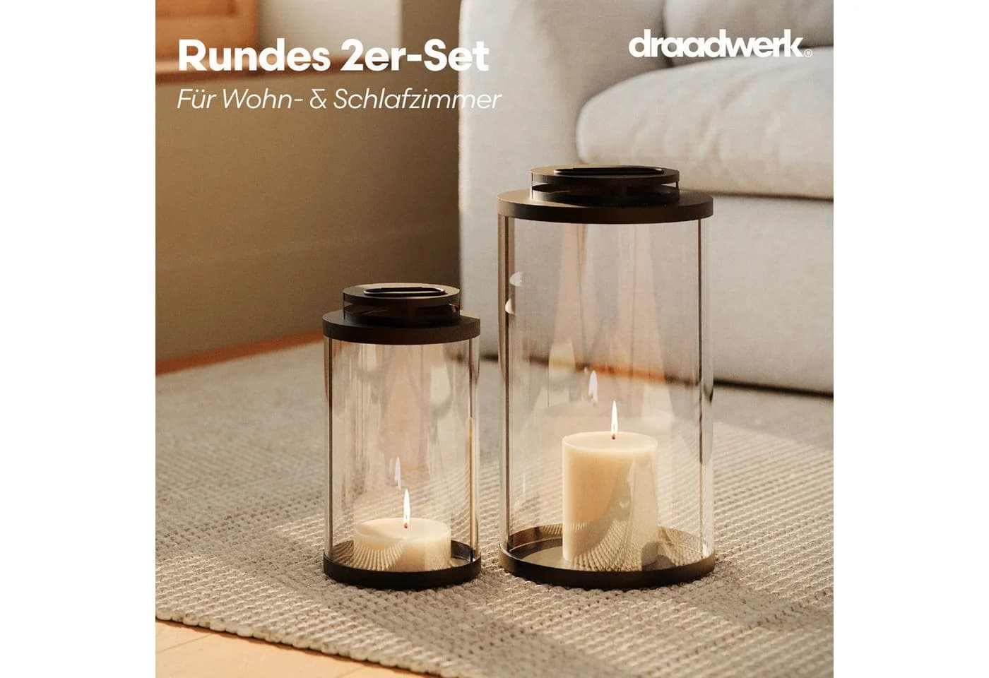 draadwerk® Kerzenlaterne 2er Set Rund Schwarz Glas Eisen