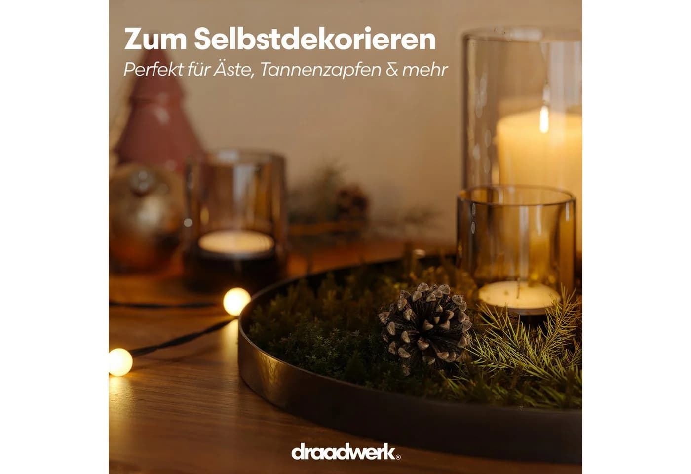 draadwerk® Adventskranz Set mit Metall-Tablett und 3 Windlichtern