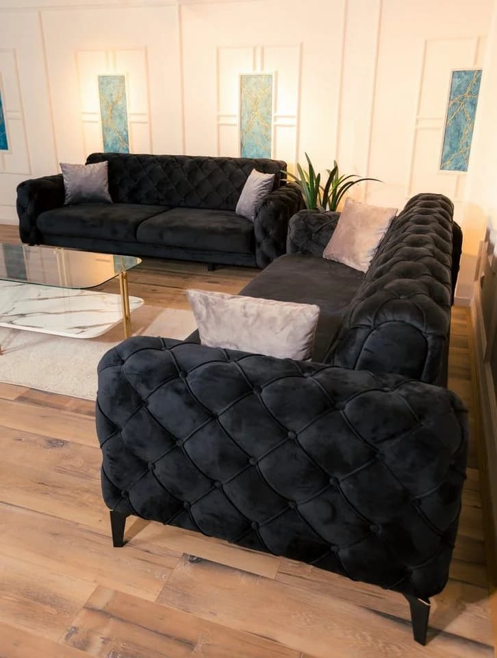 Möbeldreams Sofa-Set Arizona 3-teilig Schwarz Samt Chesterfield Modern
