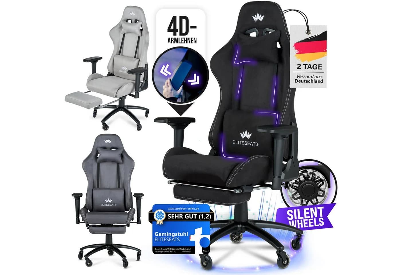 ELITESEATS Gaming-Stuhl Ergonomisch Schwarz mit 4D-Armlehnen und Fußstütze - Bild 2