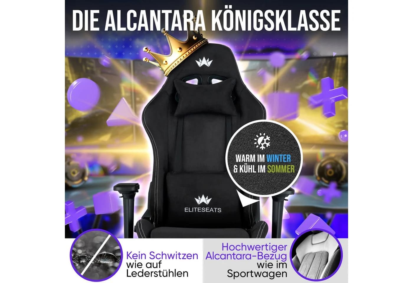 ELITESEATS Gaming-Stuhl Ergonomisch Schwarz mit 4D-Armlehnen und Fußstütze - Bild 3