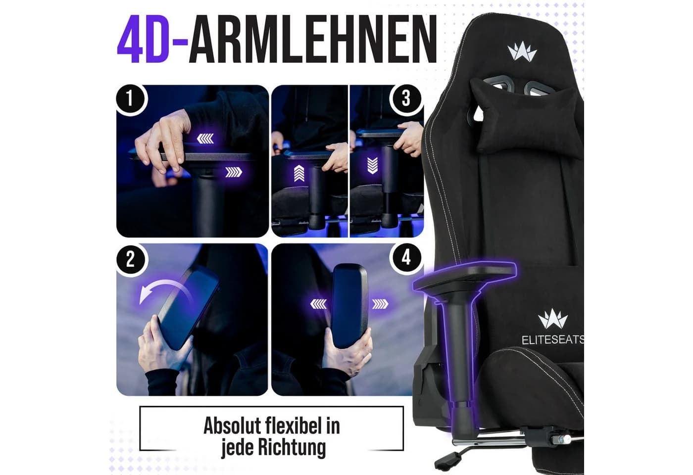 ELITESEATS Gaming-Stuhl Ergonomisch Schwarz mit 4D-Armlehnen und Fußstütze - Bild 5