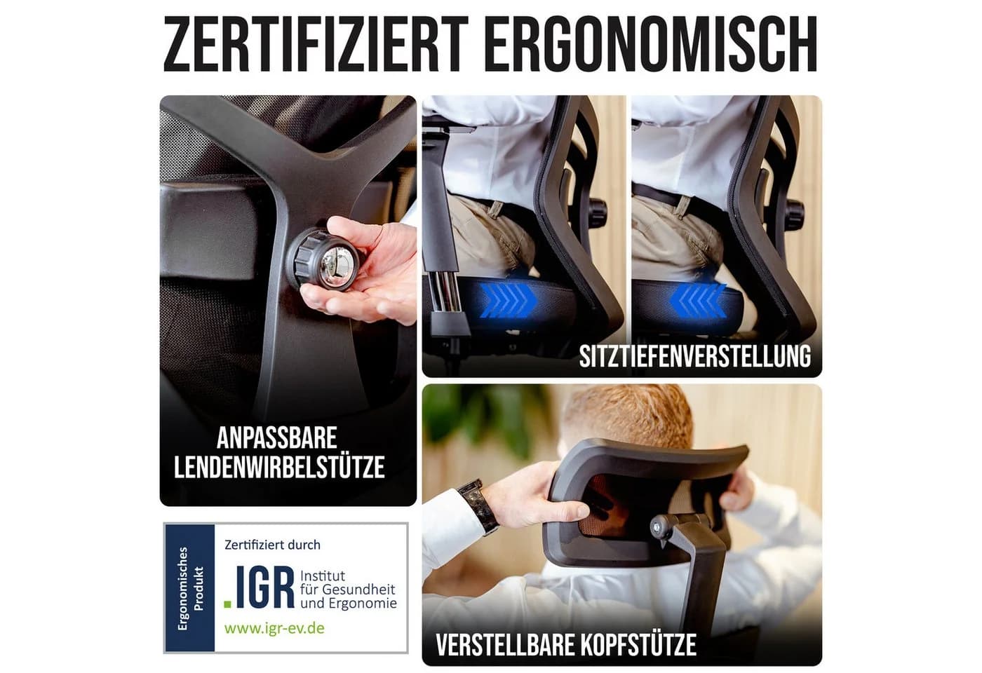 ELITESEATS Ergonomischer Bürostuhl Schwarz 150kg Belastbar Atmungsaktiv - Bild 3