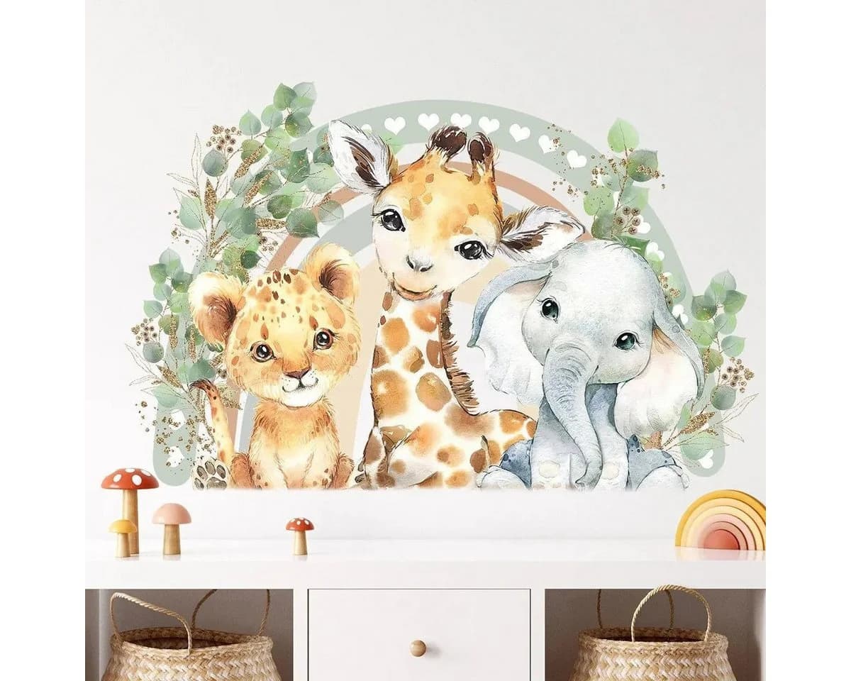 Montegoni Wandtattoo Kinder Tier Wandsticker Bunt Löwe Giraffe Elefant