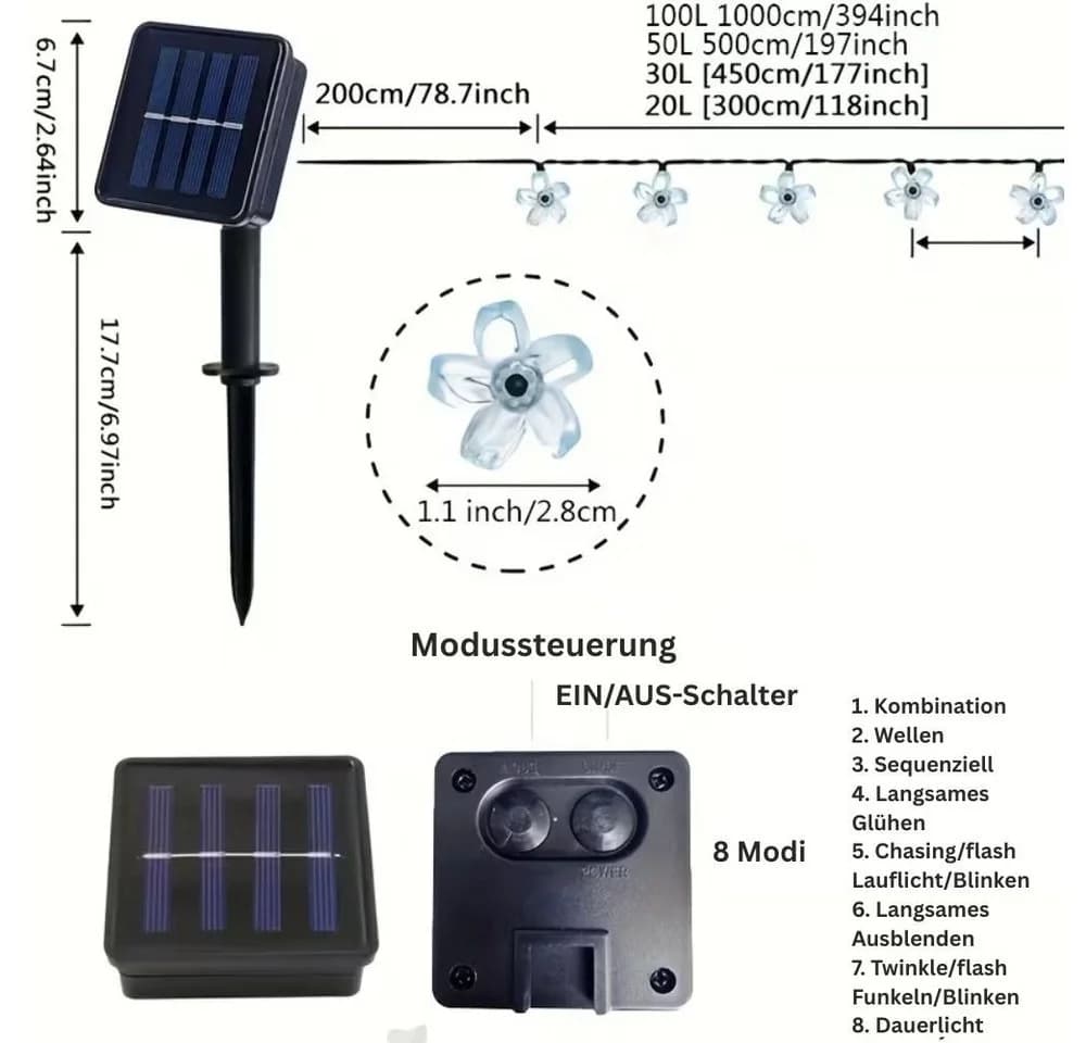 Montegoni Solar Lichterkette 5m 20 LED Kirschblüten Warmweiß Dimmbar