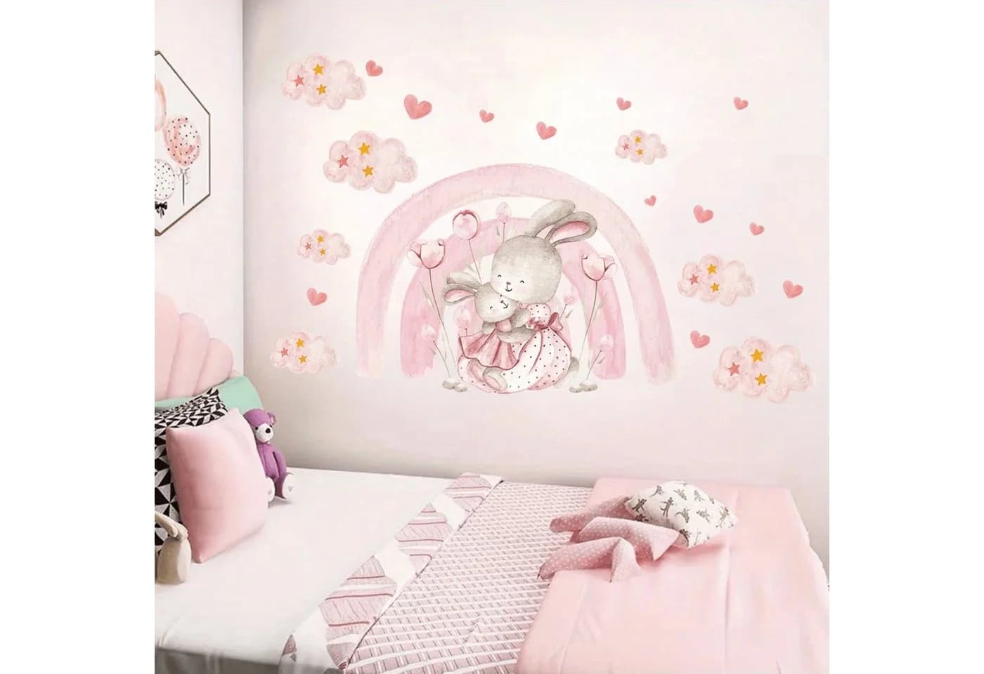 Montegoni Wandtattoo Kinder Rosa Bunt Cartoon Regenbogen Wolke Kaninchen PVC