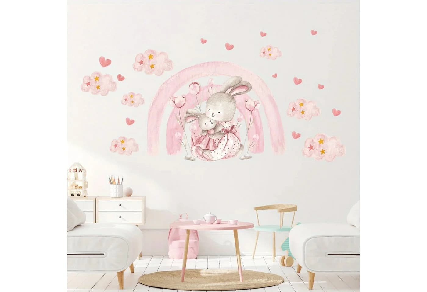 Montegoni Wandtattoo Kinder Rosa Bunt Cartoon Regenbogen Wolke Kaninchen PVC - Bild 3