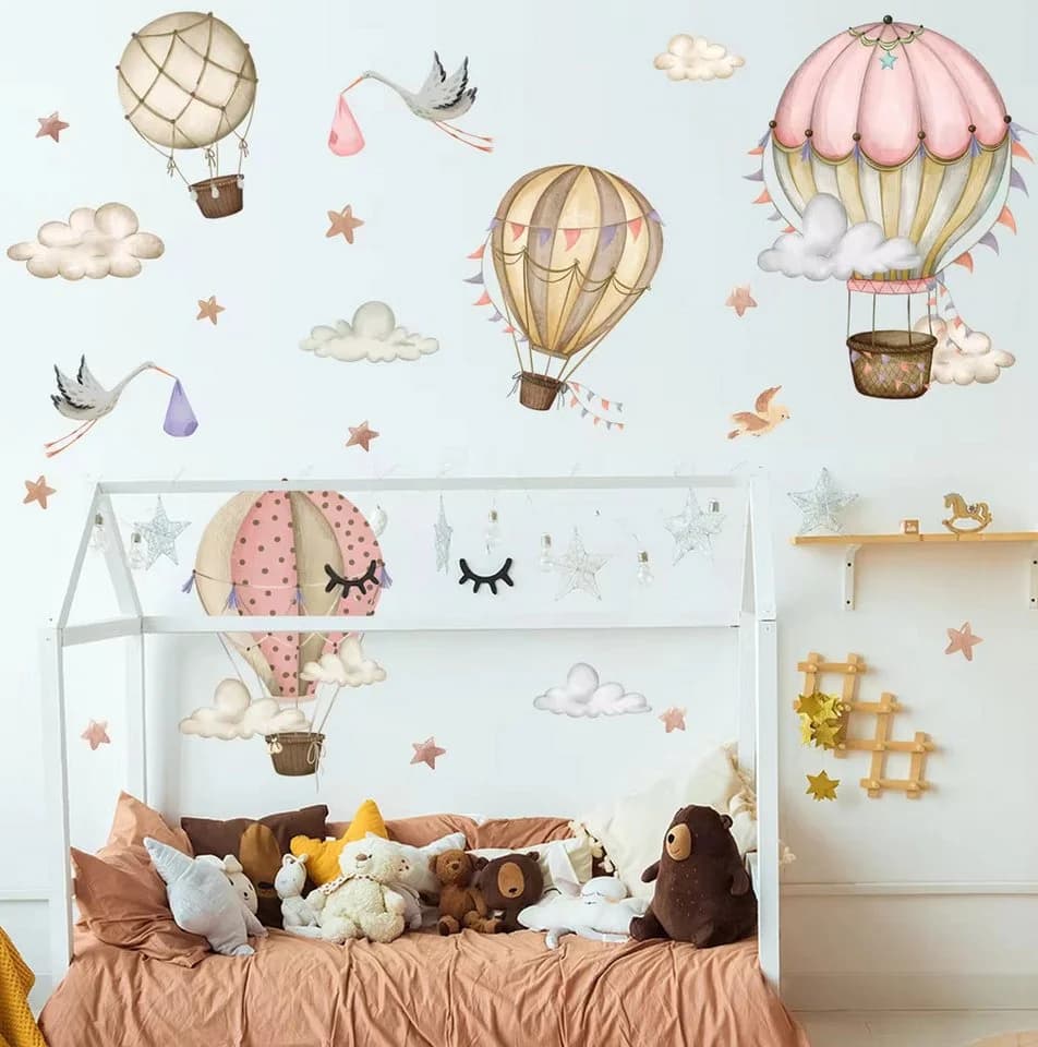 Montegoni Wandtattoo Rosa Tiere Heißluftballon Wolken Kinderzimmer